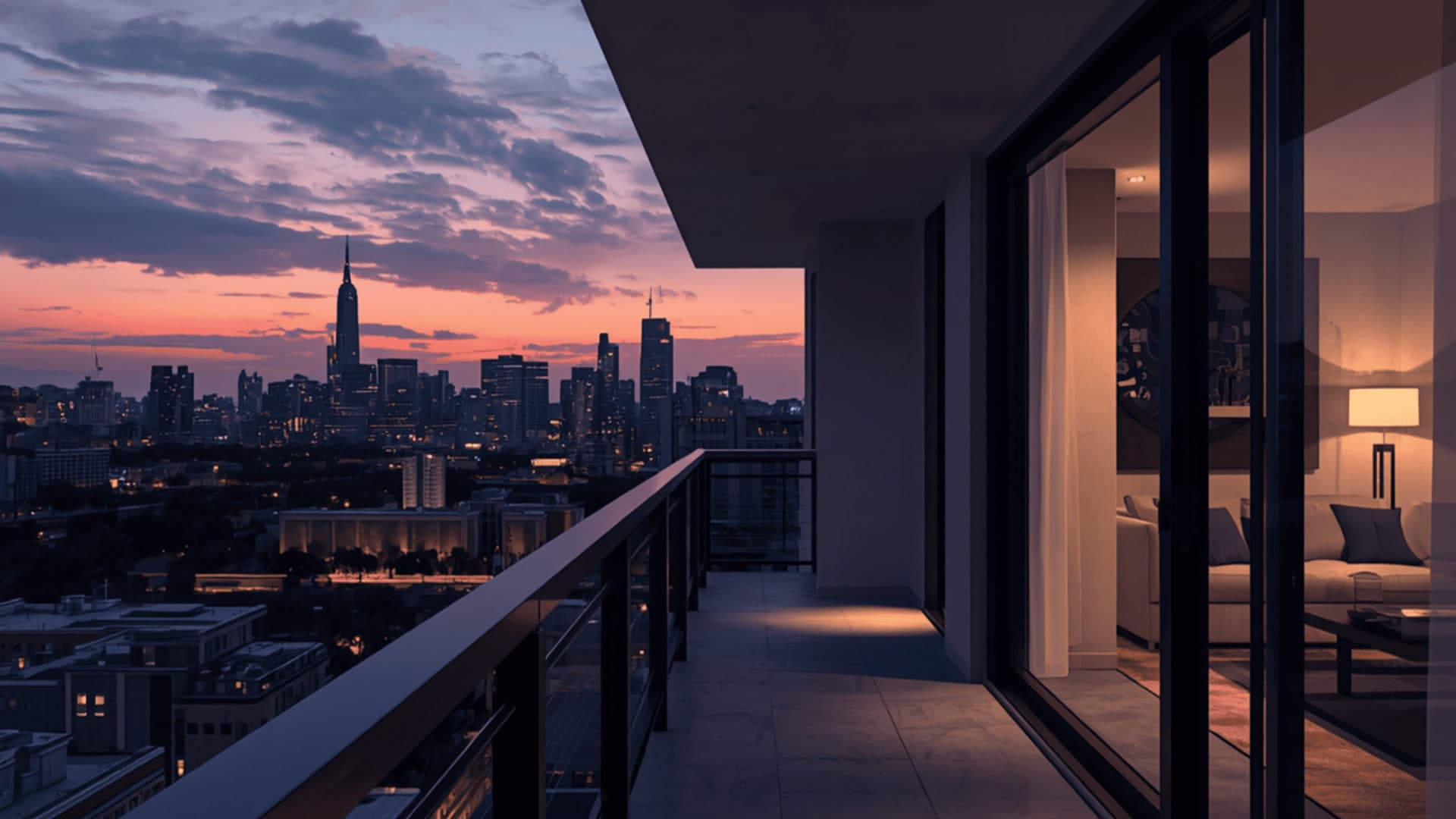 Wohnung mit Balkon im Abendlicht und Blick auf die Skyline – Wünschzuhause mit Wohnen-Fix